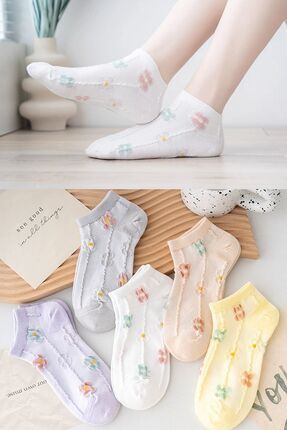 5 Çift Çiçekli Kabartma Desenli Kadın Çorap