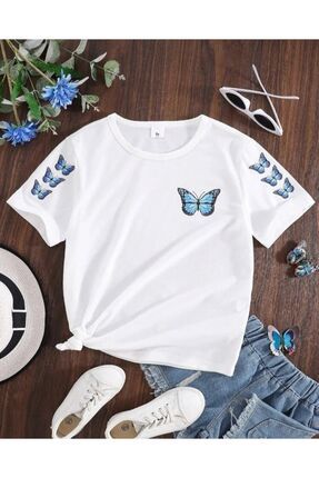 Beyaz Kelebek Baskılı Unisex Tshirt