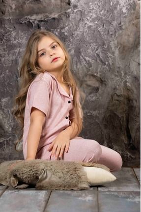 Kız Çocuk Pembe Renk Kısa Kol Gömlek Pijama Takımı