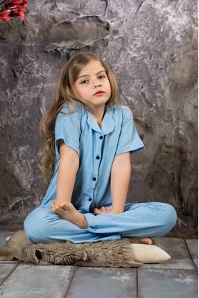 Kız Çocuk Mavi Renk Kısa Kol Gömlek Pijama Takımı