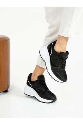 Filet 185 Gizli Topuklu Taban Sneaker Kadın Spor Ayakkabı SİYAH-BEYAZ