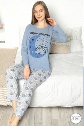 Baskılı Uzun Kollu Açık Mavi - Ekru Kadın Pijama Takımı