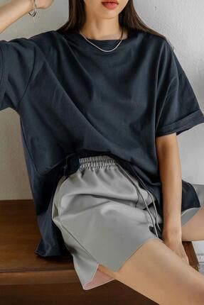 Kadın Lacivert Basic Düz Baskısız Oversize Salas T-Shirt