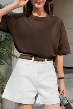 Kadın Kahverengi Basic Düz Baskısız Oversize Salas T-Shirt