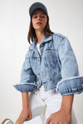 Püskül Detaylı Crop Denim Ceket AÇIK MAVİ