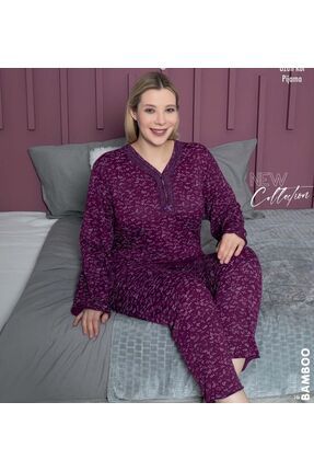 Kadın Büyük Beden Pijama Takımı Düğmeli & Dantel V Yaka Bambu Kumaş Pijama Takımı