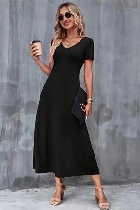 Kadın Siyah Trend V Yaka Uzun Elbise