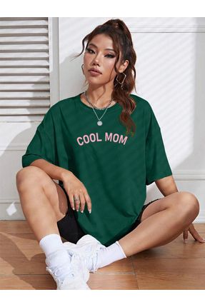 Oversize Cool Mom Baskılı Kadın Koyu Yesil Tişört