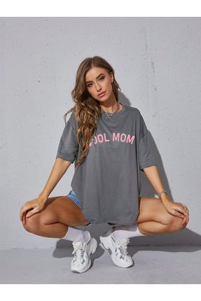 Oversize Cool Mom Baskılı Kadın Antrasit Tişört