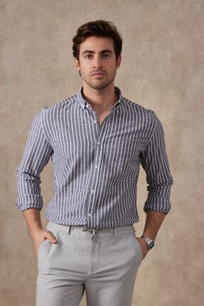 Erkek Uzun Kol Yaka Düğmeli Modern Slim Fit Dar Kesim Çizgili Pamuklu Gömlek