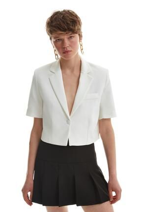 Kısa Kol Crop Blazer Ceket Ekru