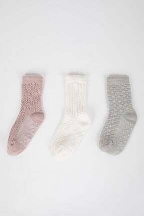 Kız Bebek Dikişsiz 3'lü Pamuklu Uzun Çorap C4306a5ns