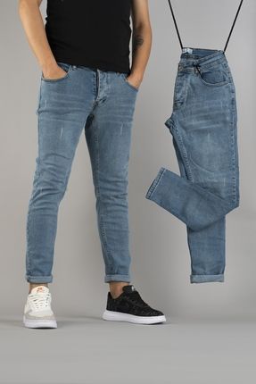 Erkek Slim Fit Tırnaklı Dar Kesim Kot Pantolon Açık Mavi