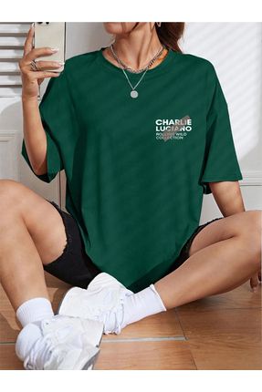 Unisex Charlie Luciano Baskılı Oversize Koyu Yeşil T-shirt
