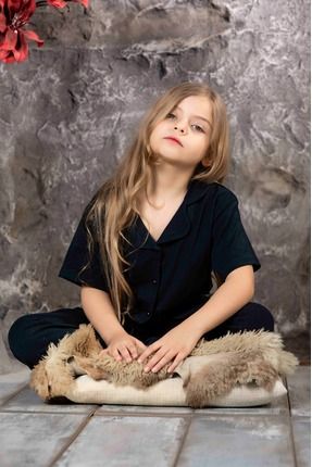 Kız Çocuk Siyah Renk Kısa Kol Gömlek Pijama Takımı