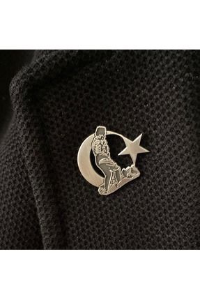 Gümüş Ayyıldız Bayrak Atatürk Figürlü Erkek Rozet Yaka Iğnesi Takı