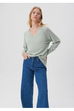 V Yaka Yeşil Kazak Loose Fit / Bol Rahat Kesim 1710144-82358