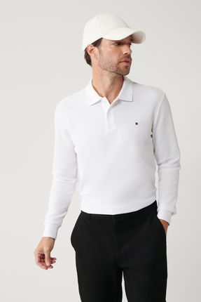 Erkek Beyaz Sweatshirt 2 Düğmeli Polo Yaka Pamuklu Slim Fit B001080