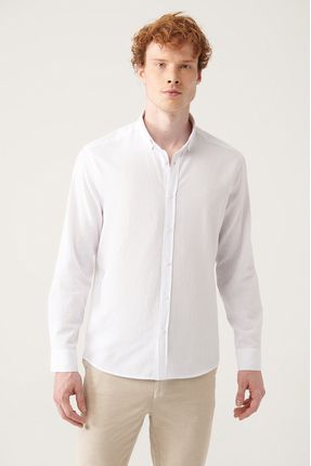 Erkek Beyaz Gömlek Düğmeli Yaka Comfort Fit %100 Pamuk Keten Dokulu E002141