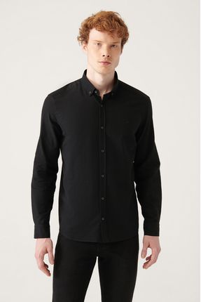 Erkek Siyah Gömlek Düğmeli Yaka Comfort Fit %100 Pamuk Keten Dokulu E002141