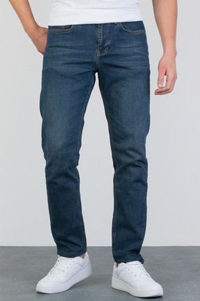 Erkek Okyanus Mavisi Regular Fit Boru Paça Esnek Likralı Denim Jeans Kot Pantolon HLTHE001976
