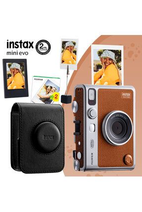 Instax Mini Evo Kahverengi Fotoğraf Makinesi 20li Film Siyah Deri Kılıf Çerçeve ve Kıskaçlı Stand