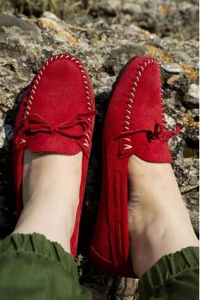 Kırmızı Hakiki Rok, Ortopedik Günlük Ayakkabı %100 Hakiki Deri, Tamamen El Yapımı