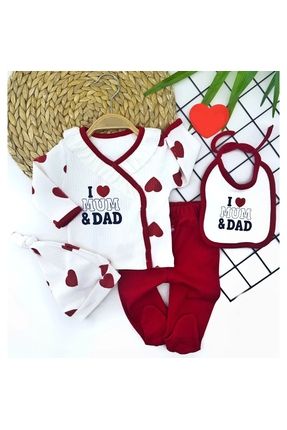 I Love Mum&dad Yazılı Kalp Baskılı Ölüklü Ve Şapkalı 4lü Hastane Çıkışı Kız Erkek Bebek Takımı