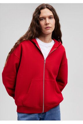 Fermuarlı Kapüşonlu Kırmızı Basic Sweatshirt 1611775-82054