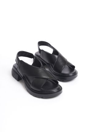Kadın Hakiki Deri Bantlı Siyah Renk Ortopedik Sandalet Yazlık Sandalet