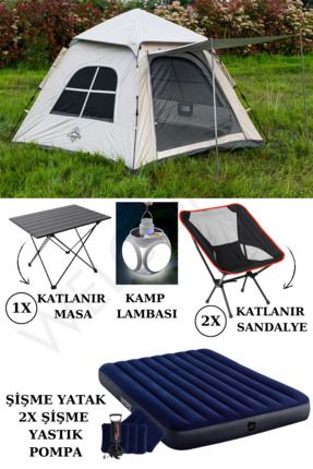 4 Kişilik Çadır 2 adet Katlanır-Şişme-Yatak,Sandalye ve Masa,2 Adet şişme Yastık ve Lamba Kamp Set