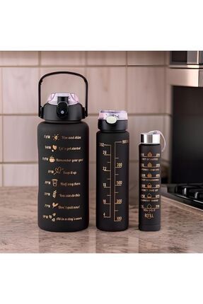 3’lü Motivasyonel Su Matarası, 2 Litre 750 Ml 300 Ml BPA İçermez Suluk (Pipetli ve Sticker Hediyeli)