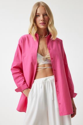 Kadın Koyu Pembe Oversize Uzun Basic Gömlek DD00842