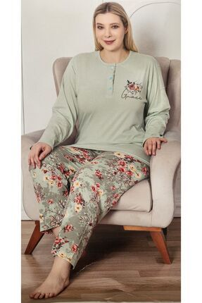 %100 Pamuk Uzunkollu Çiçekli Anne Pijama Takımı Yeşil 4506