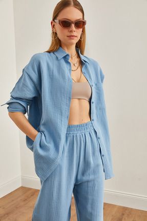 Kadın Bebe Mavi Oversize Basic Müslin Gömlek GML-19001217