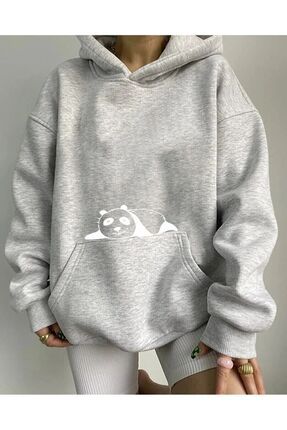 Cep Üstünde Kedi Baskılı Kapüşonlu Sweatshirt