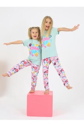 Kız Çocuk Kısa Kollu %100 Pamuklu Flower Up Pijama Takımı