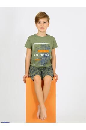 Erkek Çocuk Kısa Kollu Kapri %100 Pamuklu Golden Pijama Takımı Yeşil