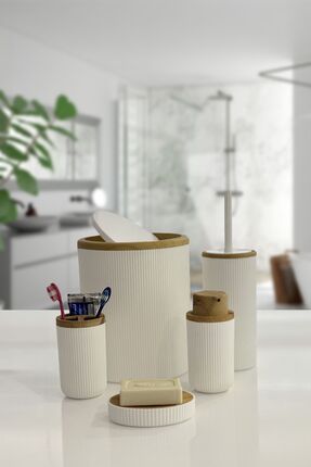 Auaro 5 Parça Beyaz Çizgili Bambu Kapaklı Yuvarlak 5'li Banyo Seti