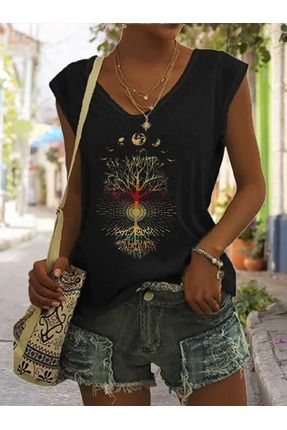 Kadın V Yaka Kolsuz Oversize Salas Boyfriend T-shirt