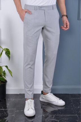Erkek Gri Renk İtalyan Kesim Kaliteli Esnek Likralı Bilek Boy Kumaş Pantolon