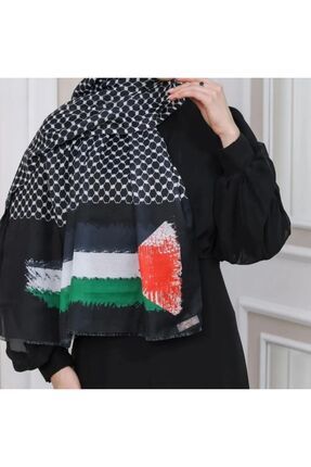 Filistin Bayrağı Desenli Siyah Kefiye Şal
