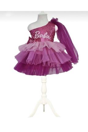 Tek Omuz Barbie Kostümü - Barbi Elbise Barbie Cosplay - Pembe Elbise Balo Özel Tasarım Taç Hediyeli