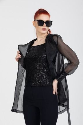 Siyah Kuşaklı Organze Şifon Tül Kadın Ceket Tasarım