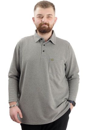 Mode XL Büyük Beden Erkek Sweatshirt Polo Yaka Uzun Kol WAFFLE 23449 Haki