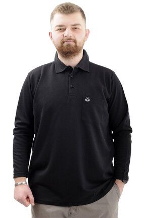Mode XL Büyük Beden Erkek Sweatshirt Polo Yaka Uzun Kol WAFFLE 23449 Siyah