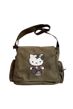 Hello Kitty Goth Baskılı Unisex Yeşil Postacı Çantası