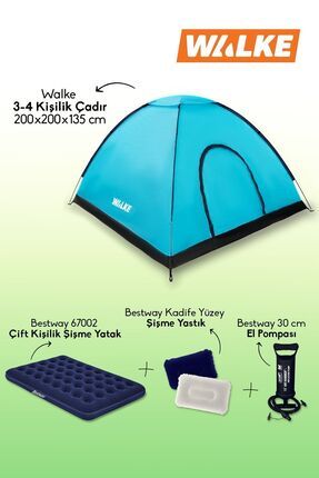 4 kişilik Kamp Çadırı + Bestway Çift Kişilik Yatak + 2 Yastık + 1 Pompa