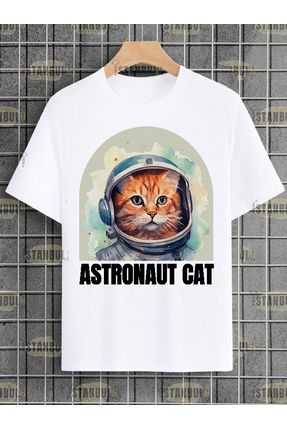 astronot kedi -baskılı oversize T-shirt