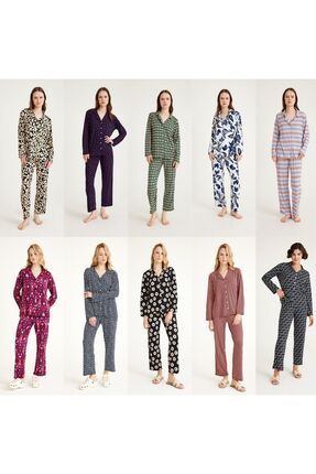 10 Adet Renkli Desenli Düğmeli Maskülen Yazlık Uzun Kollu Likralı Pijama Takımı